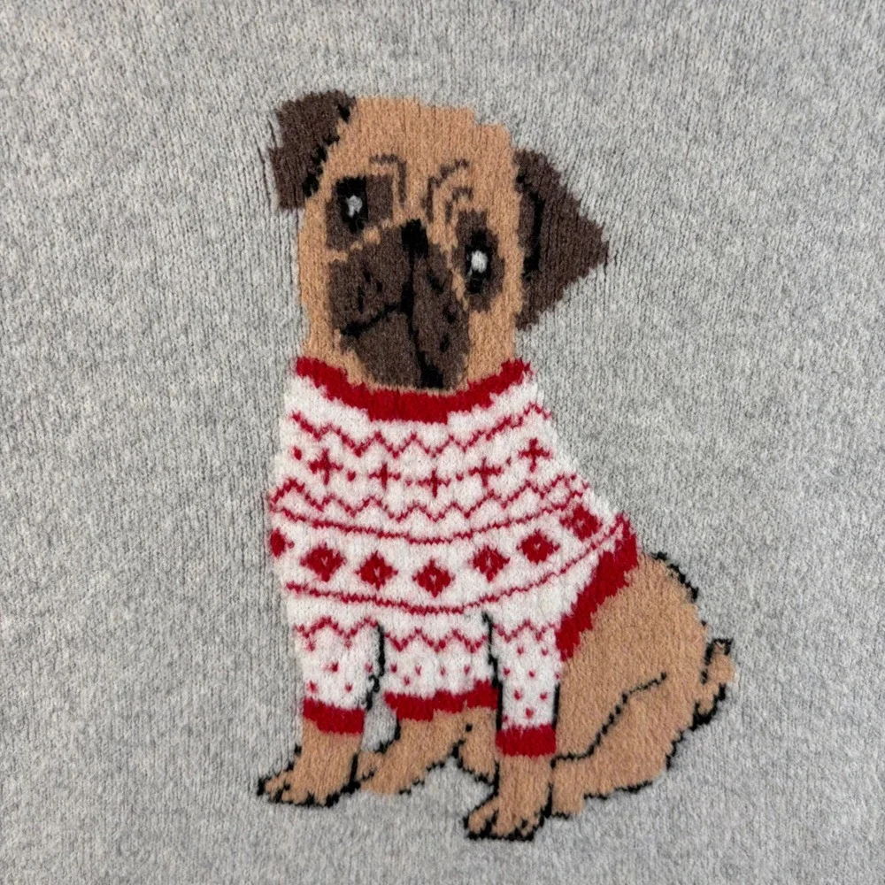 Hollister Gray Pug Dog Fair Isle Sweater Mens Small Crewneck Knit Pullover